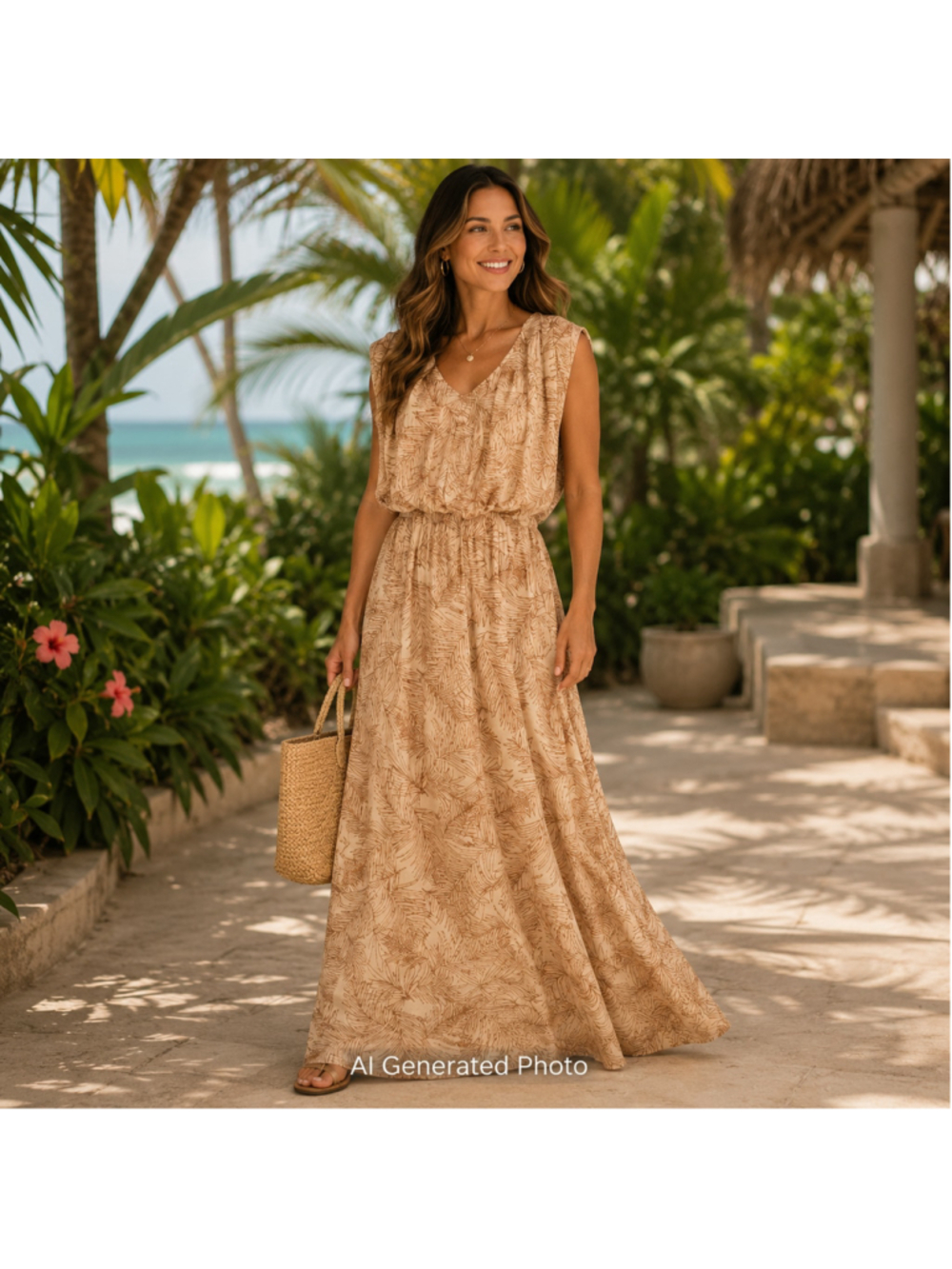 Easel Tan Tropical Maxi Dress Medium Sleeveless Blouson Tropical Resort Boho NWT